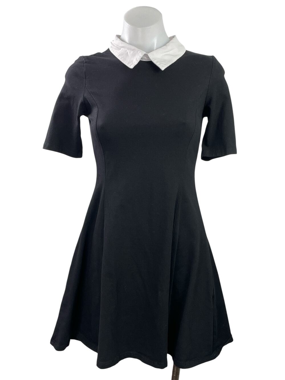 Aphratti Black Collared Pleated Short Sleeve Mini Fit & Flared Skater Dress XS